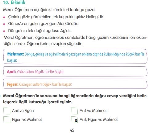 4. Sınıf Türkçe Ders Kitabı 45. Sayfa Cevapları Tuna Yayınları