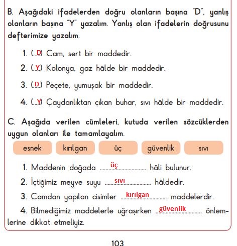 3. sınıf fen bilimleri sayfa 103 cevapları SDR Dikey yayınları