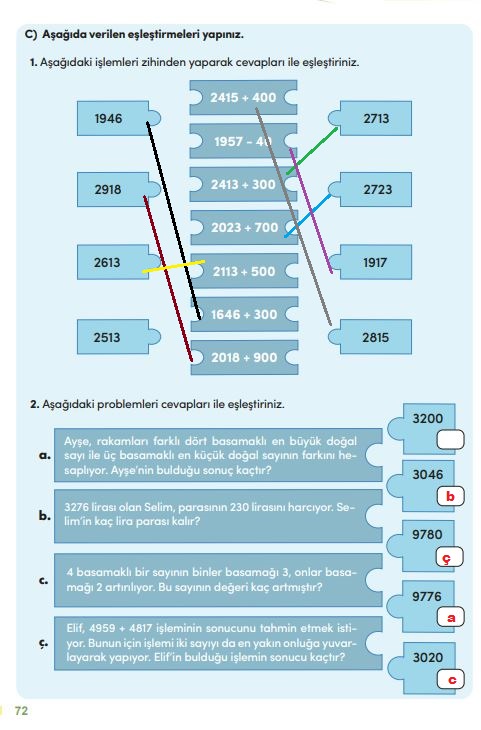 4. sınıf matematik ders kitabı sayfa 72 cevapları meb yayınları