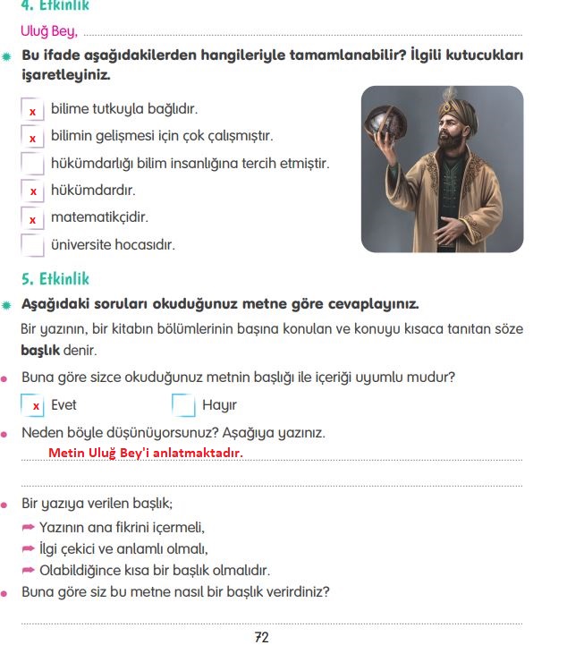 4. sınıf türkçe 72. sayfa cevapları tuna yayınları