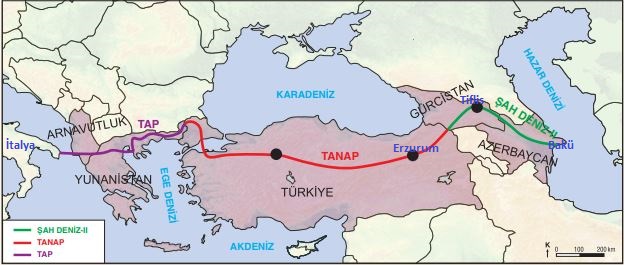 Tanap projesinin geçtiği güzergah haritası