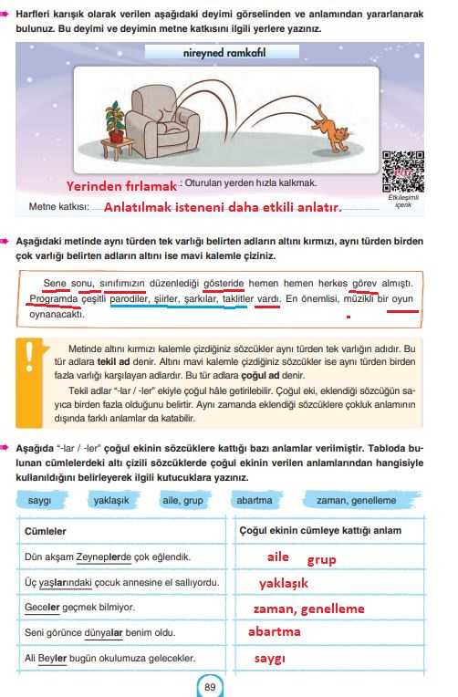 6. sınıf türkçe ders kitabı cevapları sayfa 89 yıldırım yayınları