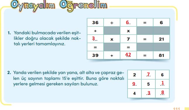 4. sınıf matemetik ders kitabı sayfa 111 cevapları meb yayınları