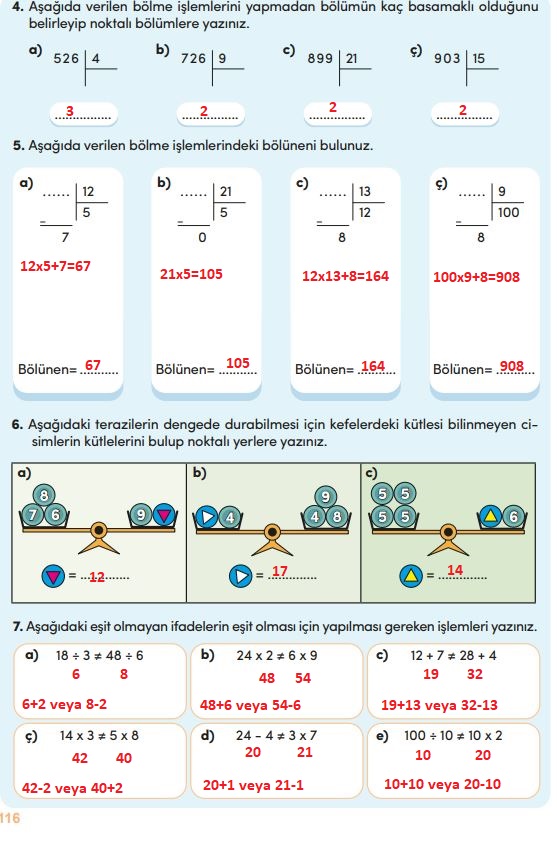 4. sınıf matemetik ders kitabı sayfa 116 cevapları meb yayınları