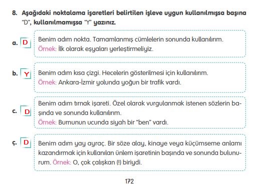 4. sınıf türkçe 172. sayfa cevapları tuna yayınları