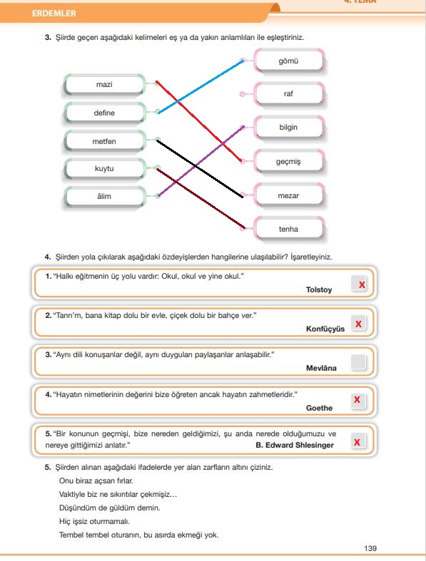 7. sınıf Türkçe özgün yayınları sayfa 139 cevapları