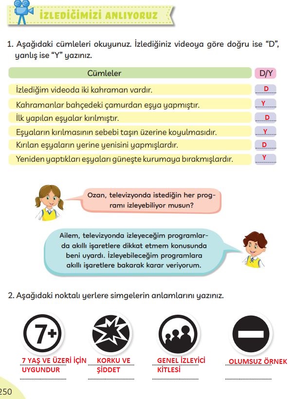 3. sınıf Meb yayınları Türkçe ders kitabı cevapları sayfa 250