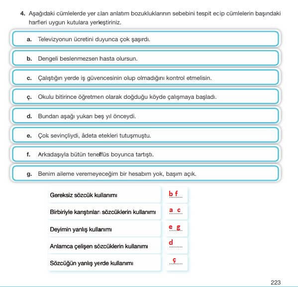 7. sınıf özgün yayınları türkçe ders kitabı cevapları sayfa 223